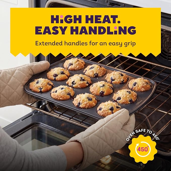 Wilton Gold Non-Stick Muffin Pan, Made Without PFAS, 12-Cup | Non-Stick Steel with Scratch-Resistant Coating, Resists Warping, Extended Handles, Dishwasher Safe, Perfect for Cupcakes - Image 9