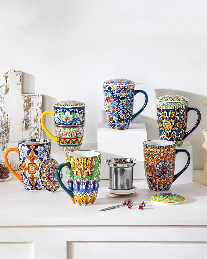 vancasso Ceramic Tea Mug with Infuser and Lid, 18 Ounce Bohemian Loose Leaf Cup, Microwave & Dishwasher Safe, Perfect for Tea, Coffee, Sage-Scarlet Floral - Image 7
