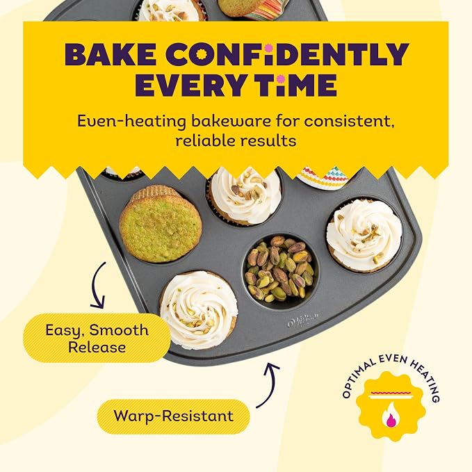 Wilton Gold Non-Stick Muffin Pan, Made Without PFAS, 12-Cup | Non-Stick Steel with Scratch-Resistant Coating, Resists Warping, Extended Handles, Dishwasher Safe, Perfect for Cupcakes - Image 2