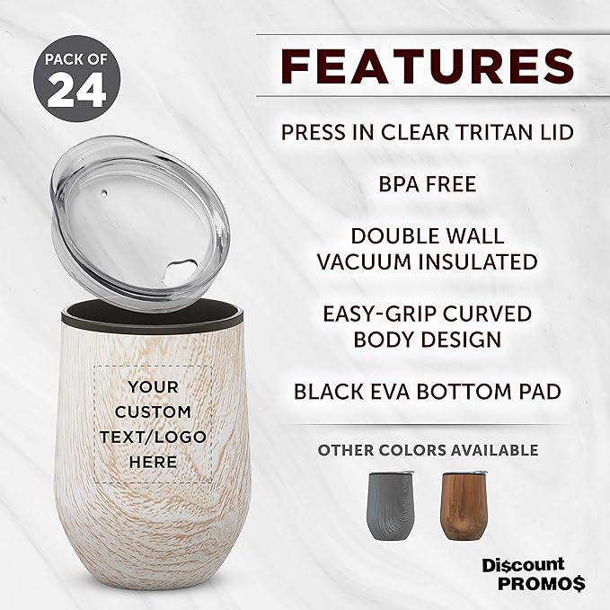 Custom Palmera Stemless Wine Tumblers with Lids 12 oz. Set of 24, Personalized Bulk Pack - Perfect for Wine, Cocktails, Other Hot & Cold Beverages - Ashwood
