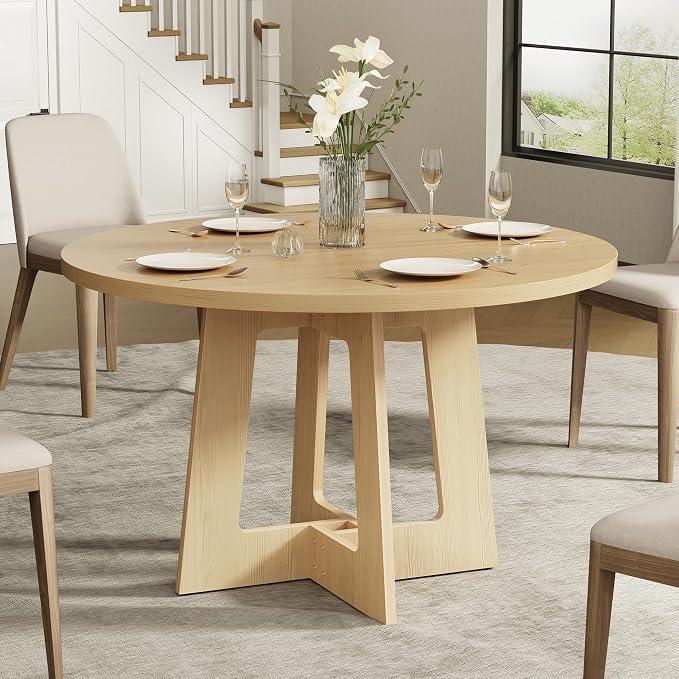Round Dining Table for 4, Farmhouse Kitchen Table, Wooden Circle Table, 300lb Capacity & Easy Assembly for Home Dining Room Kitchen Living Room (Natural Oak) - Image 5