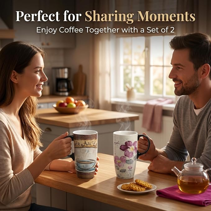 Topadorn Set of 2 Ceramic Travel Mugs with Lids, 17oz Coffee Mug Set | Vintage Café & Floral Artwork • 17oz Capacity • Comfortable Handles • Microwave & Dishwasher Safe • Gift Box Included - Image 7