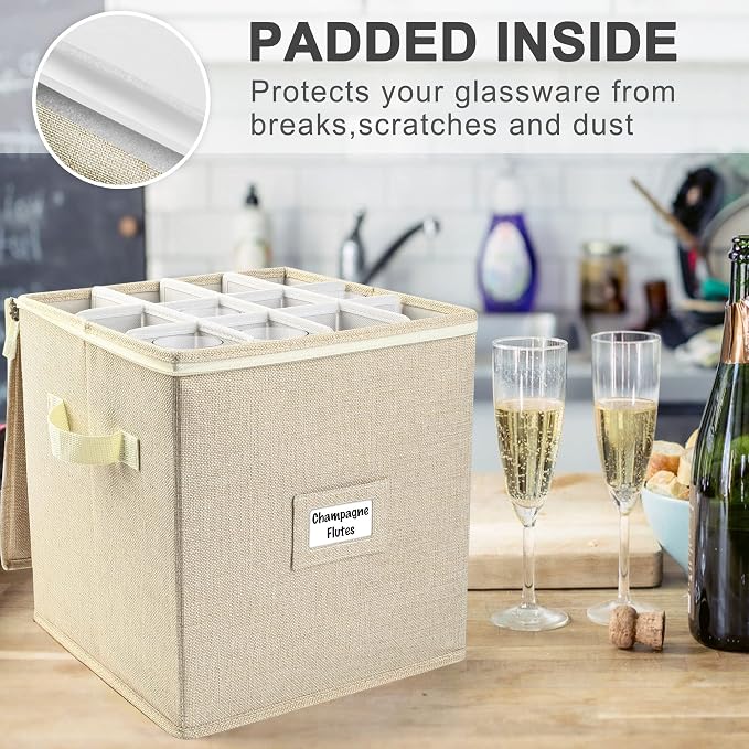 LotFancy Champagne Flute Storage Container for Moving, Hard Shell, Stackable 12" Tall Stemware Storage Box with Dividers & Handles, Wine Glass, Crystal Glassware, Drinkware Case, Beige - Image 5