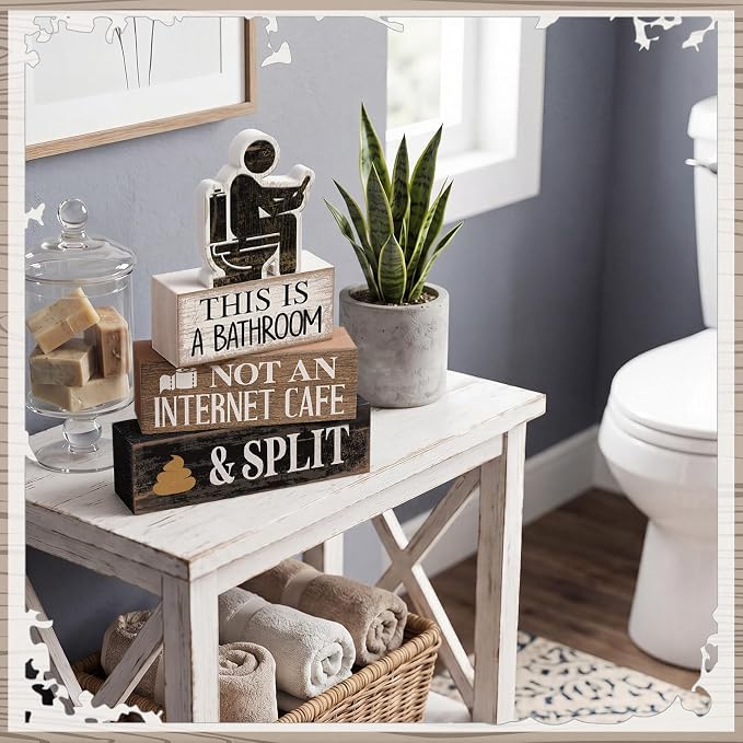 Moucuny 4 Pcs Funny Toilet Decor Sign Farmhouse Bathroom Shelf Decor and Accessories Vintage Sarcastic This Is a Bathroom Not an Internet Cafe Block Signs Gift for Home Guest Washroom Toilet - Image 4