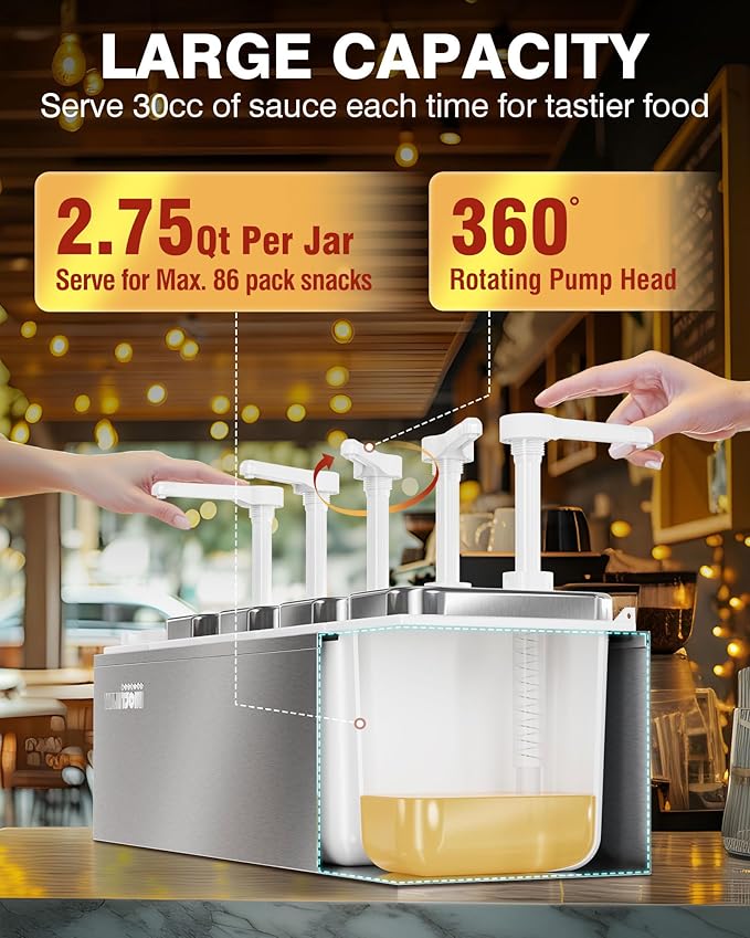 WantJoin Sauce Dispenser with 5 Jars - 2.75QT/2.6L Stainless Steel Condiment Pump Station, Commercial Dispenser for Ketchup, Salad Dressing, Syrup, Jam, Salsa, Restaurant