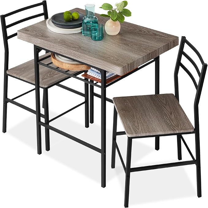 Best Choice Products 3-Piece Modern Dining Set, Space Saving Dinette for Kitchen, Dining Room, Small Space w/Steel Frame, Built-in Storage Rack - Gray/Black by Unknown