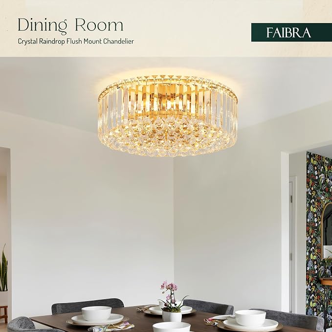17.3" Gold K9 Crystal Raindrop Flush Mount Ceiling Light, Modern Chandelier, Round Luxury Light Fixture for Dining Room, Bedroom, Hallway, Kitchen Island & Living Room - Image 7