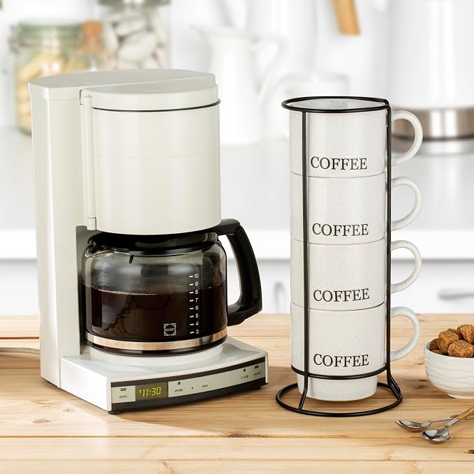 Signature Housewares Stackable Coffee Mug Tower Set with Metal Wire Rack - 15 Ounce Coffee Mugs for Coffee, Tea, Cocoa, Milk, Cappuccino, Hot Chocolate Set of 4 - White Coffee - Image 7