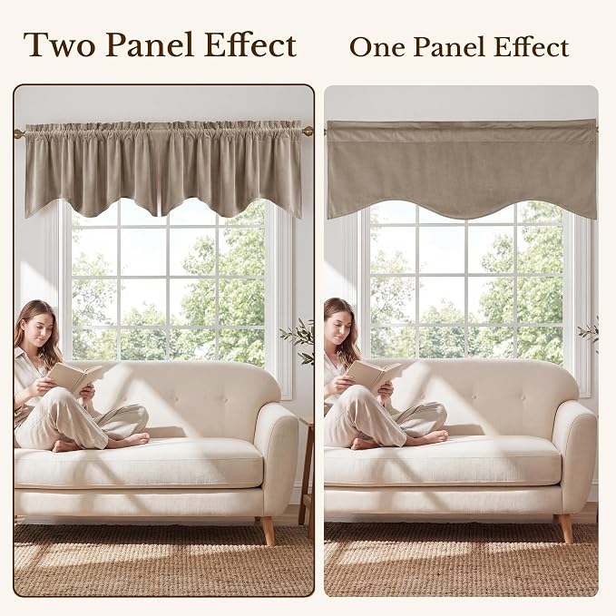 Camel Beige Scalloped Valance Curtains 52x18 Inch 1 Panel | Premium Velvet Wavy Short Curtains for Kitchen Windows, Neutral Home Decor Window Treatment for Farmhouse - Image 7
