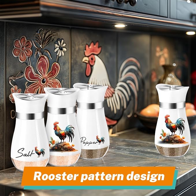 Arrozon Rooster Salt and Pepper Shakers - 4 oz Glass Set, Steel Lids | Rooster Design with Glass Bottoms and Stainless Steel Lids Adds Farmhouse Charm to Kitchen Counters and Makes Refilling Easy. - Image 6