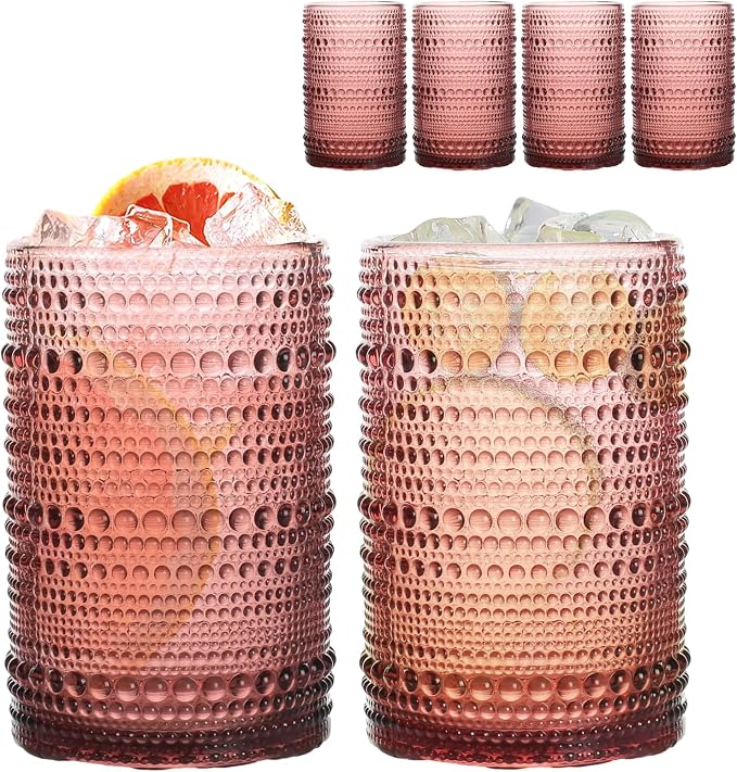 Set of 4 Hobnail Drinking Glasses, 15oz, Vintage Jupiter Drinking Glasses,Embossed Old Fsahioned Glassware for Beer,Water,Juice,Cocktail,Whiskey,Gift (Red Purple, Large) by WeirdUncle