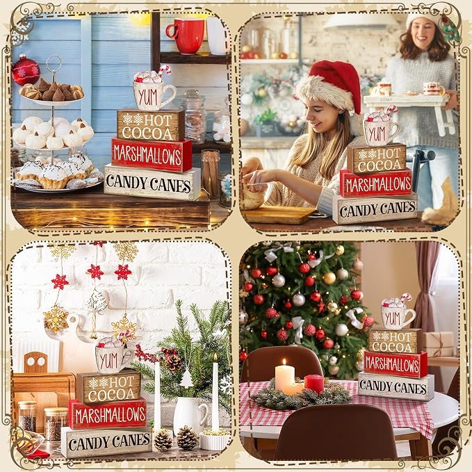 Moucuny 4 Pcs Wooden Christmas Tabletop Decor Hot Cocoa Tiered Tray Decor Rustic Wood Hot Cocoa Block Sign Gift Merry Christmas Centerpiece Farmhouse Winter Table Decoration - Image 4