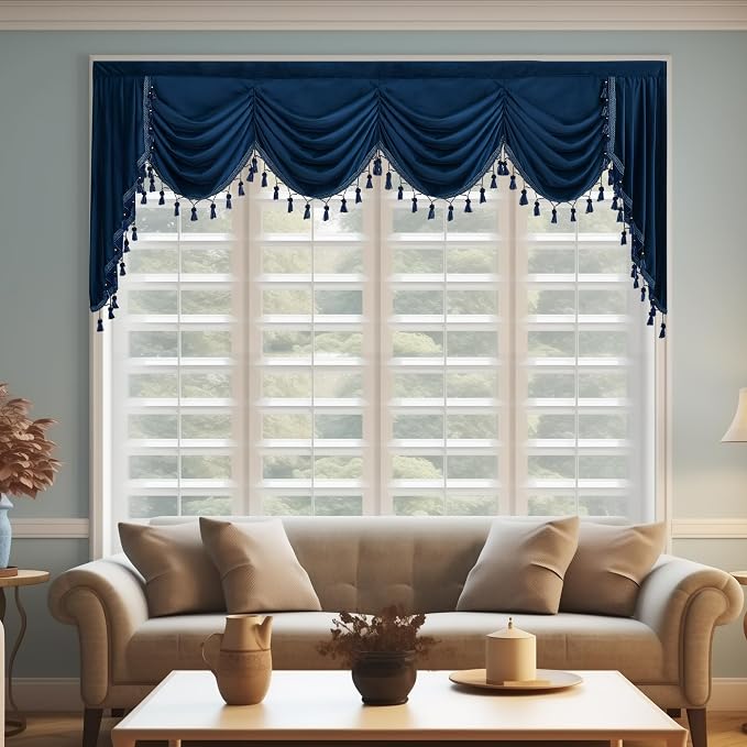 Extra Wide Navy Blue Velvet Curtain Valance W110 inches, 1 Panel | Luxury Tassel Waterfall Valance for Living Room, Rod Pocket Tier Half Window Drapes for Kitchen, Villa Hall by StangH