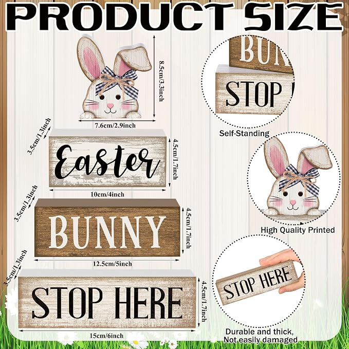 Moucuny 4 Pcs Easter Bunny Table Decoration Stacked Wooden Bunny Block Decor 3-tier Tabletop Sign with 3D Rabbit, Rustic Farmhouse Easter Decorations for Home Egg Hunt Party Centerpiece Gift - Image 4