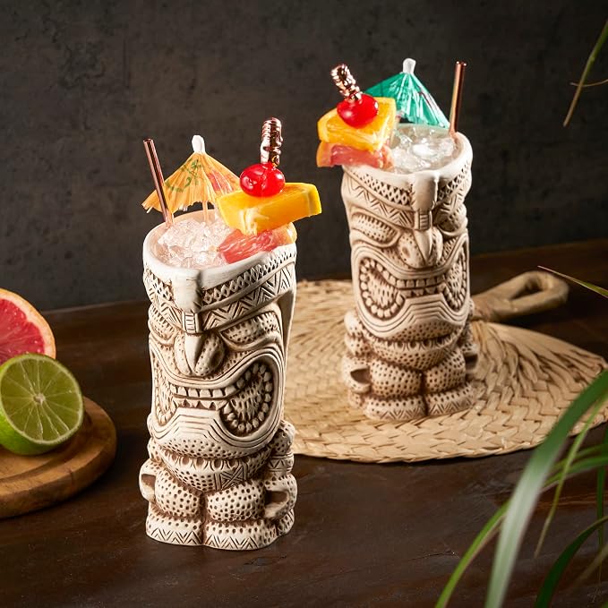 Viski High Tide Tiki Mugs - Hand Painted Ceramic Tiki Glasses for Cocktails - Tiki Barware 14.5oz Highballs Set of 2 White - Image 4
