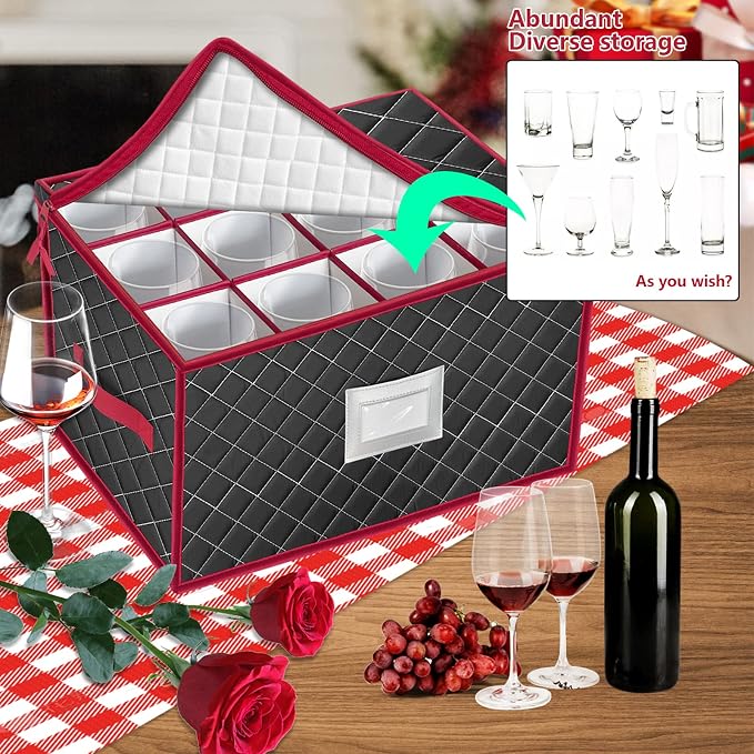Christmas Stemware Storage Cases with Dividers- Holds 24 Wine Glass Storage or Crystal Glassware Containers, China Storage Containers with 2 Handles and Lable Window -Set of 2 Black - Image 6