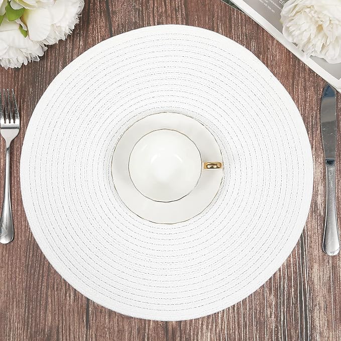SHACOS Round Braided Placemats Set of 6 Round Table Mats for Dining Table 15 inch Washable Cotton Polyester Place Mat (White, 6) - Image 6