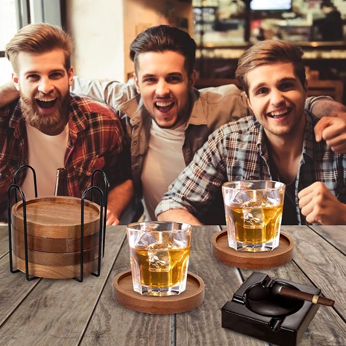 Wooden Coaster Set of 6 Coffee Table Decor Bar Cup Drink Coasters Holder | Acacia Wood Coaster Coffee Bar Accessories Kitchen and Dining Room Outdoor Costers Modern Cute Beer Rustic Farmhouse Decor - Image 6