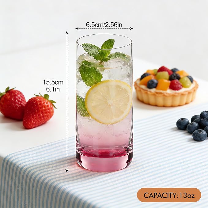 Pink Highball Glasses Set of 6,13oz Pink Drinking Glass Cups for Mixed Drink Cocktail, Beer, Mojito, Water and Juice,Thick Tall Crystal Glassware for Kitchen, Restaurant, Home Bar and Parties - Image 2