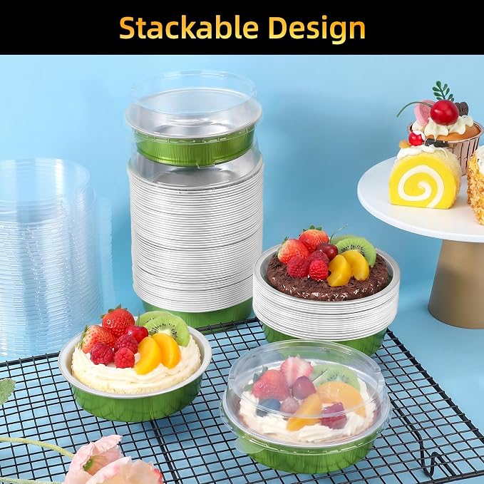 Beasea Mini Pie Pans with Lids, 120 Pack 7.3oz Avocado Green Disposable Aluminum Foil Pie Tart Baking Cups Tins, 4 Inch Mini Cake Pans Individual Dessert Containers Oven Dishes for Tart Cheesecake - Image 5