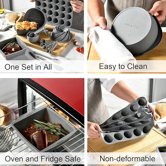 Baking Pans Set Non Stick, 18 PCS Silicone Bakeware Sets Non Toxic with Square/Round Cake Pan, Cupcake Molds, Spatula, Baking Brush and Measuring cups, Heat Resistant, Dishwasher Safe, Gray