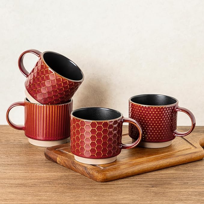 GBhome 12 OZ Stackable Coffee Mugs Set of 4, Ceramic Coffee Cups Set | 4 Assorted Designs, Embossed Mugs with Texture Patterns for Tea/Coffee, Dishwasher&Microwave Safe, Red by GBhome