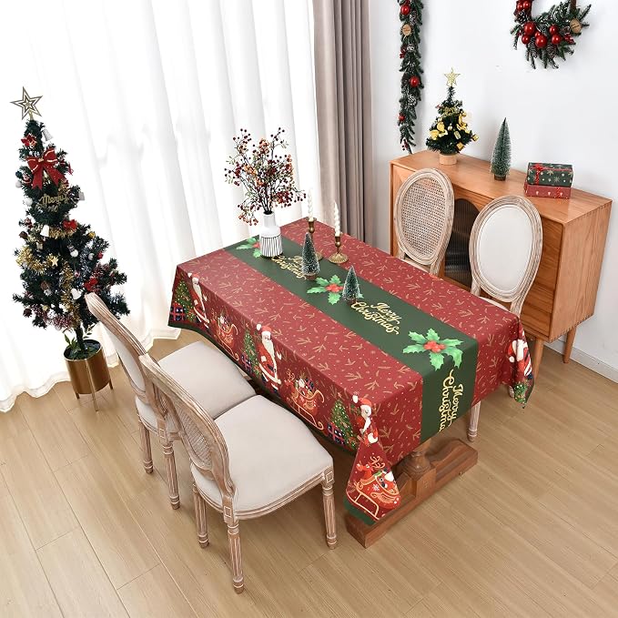 Christmas Tablecloth Heavy Duty Vinyl Red 54x54 inch Rectangle Christmas Table Cloth Reusable Waterproof Foldable Plastic Tablecloths PVC Xmas Table Cover for New Year Party Decor - Image 2