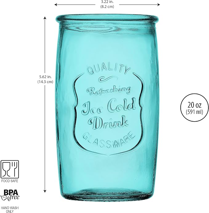 Glaver's Highball Glasses Set of 4 – 20oz Artistic Ice-Cold Pretty Blue – Vintage Glassware with Embossed Logo – Beverage Drinking Glasses for Water, Juice, Cocktails. Hand Wash. - Image 3