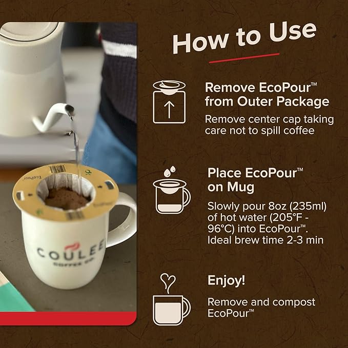 Coulée EcoPour Coffee Variety Pack, Single Serve Pour Over Coffee, Use for Camping or Traveling, Pre Filled Compostable Filters, Ready to Brew with Hot Water, Includes 4 Flavors, 20 Pack