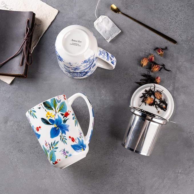 AmorArc Porcelain Tea Mug with Infuser and Lids, 18 Oz Coffee Cup Strainer with Bag Holder for Loose Leaf Tea, Steeping Coffee Mug for House-warming Wedding Birthday Gift