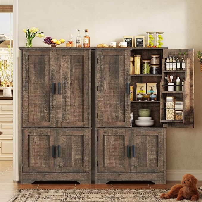 TEENFON Storage Cabinet with 4 Doors, 43.3" H Farmhouse Kitchen Cabinet with 6 Door Shelves, Kitchen Storage Cabinets with Adjustable Shelves, for Living Room, Antique Oak - Image 2