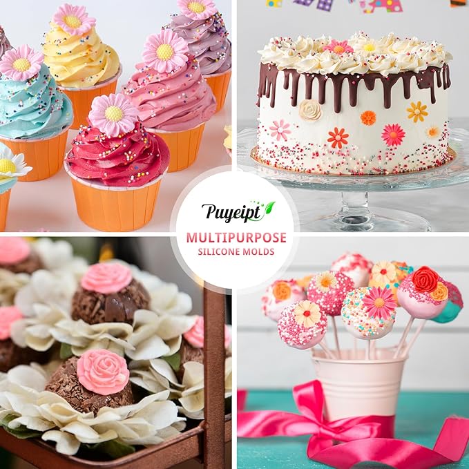 4 Pcs Flower Silicone Fondant Molds, Daisy Rose Flower Chocolate Candy Molds for Cupcake Topper, Cake Pop Decoration and Clay Craft Making