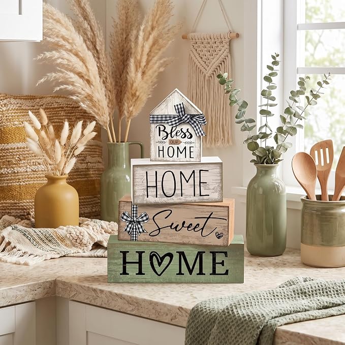 Moucuny 4 Pcs Wooden Farmhouse Table Decor Rustic Home Sweet Home Stacked Blocks Decoration Farmhouse Tiered Tray Decor Decorative Eucalyptus Block Signs Bless Gift for Kitchen Shelf Coffee Table - Image 2