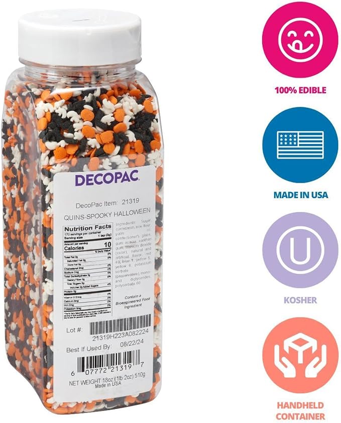 DecoPac Spooky Halloween Edible decorations sprinkles quins, Multicolored - Orange, White and Black, 18 Ounces - Image 3
