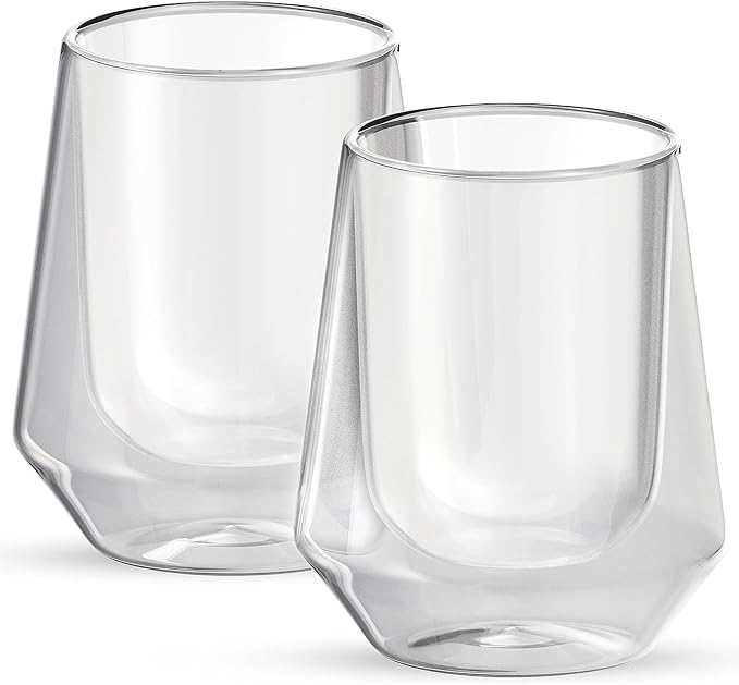 Elle Decor Double Wall Insulated Glasses - 8 oz Borosilicate Glass Sweat Free Mugs, Clear Drinkware for Hot/Cold Drinks, Coffee, Espresso, Cappuccino, Latte, 2- Piece Glass Cup Set