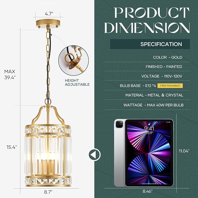 Modern Gold Pendant Island Light Fixtures for Kitchen, Luxury Elegant Crystal Small 4-Light Chandeliers for Dining Room, Industrial Cage Hanging Ceiling Lighting for Bedroom Foyer Hallway - Image 2