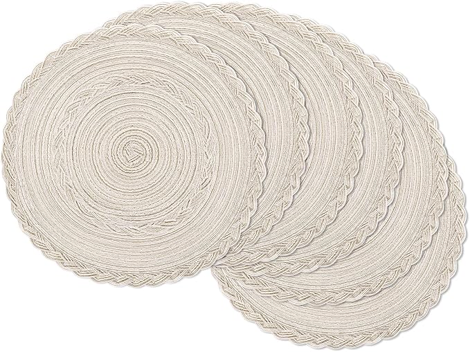 SHACOS Round Placemats Set of 6 Boho Braided Bordered Place Mats 15 inch for Dining Tables Wedding Holiday Party (Ivory Bordered, 6) by SHACOS
