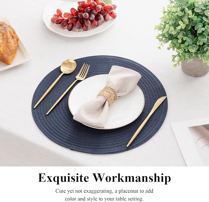 SHACOS Round Placemats Set of 8 Washable 15 inch Round Table Mats Cotton Polyester Woven Braided Place Mats for Dining Table, Navy - Image 6
