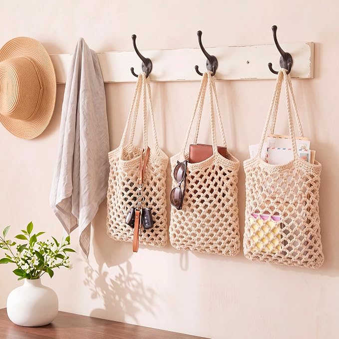 Honeydak Boho Decor Hanging Wall Baskets for Kitchen 3 Pack Teardrop Baskets with Hooks Storage Fruit Onion Vegetable Potato for Home(White,Mesh,Cotton Rope) - Image 4