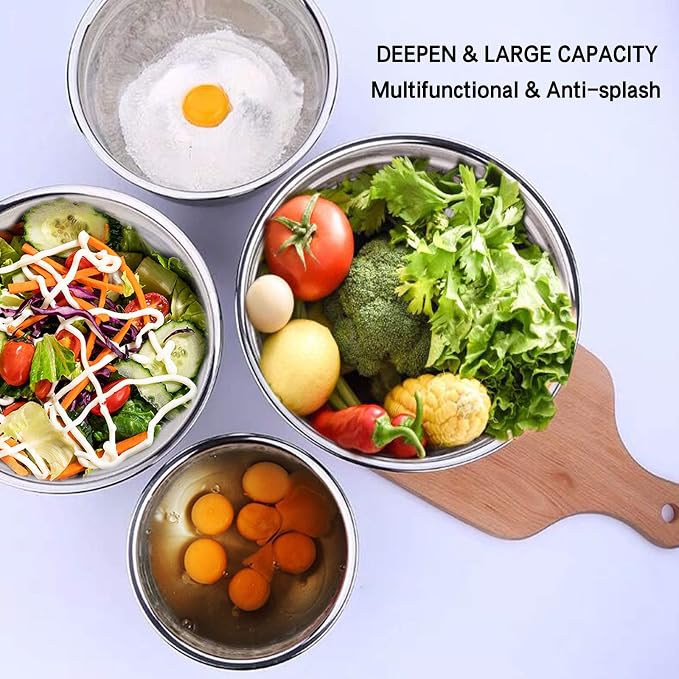 Umite Chef Mixing Bowls with Airtight Lids，6 piece Stainless Steel Metal Nesting Storage Bowls, Non-Slip Bottoms Size 7, 3.5, 2.5, 2.0,1.5, 1QT, Great for Mixing & Serving(Black) - Image 8