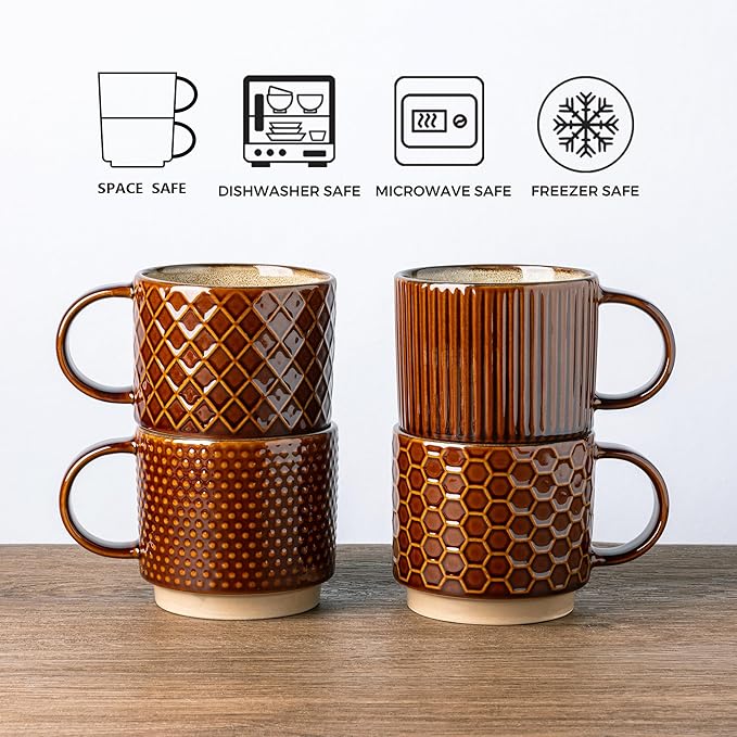 GBhome 15 OZ Stackable Coffee Mugs Set of 4, Ceramic Coffee Cups Set | 4 Assorted Designs, Embossed Mugs with Texture Patterns for Tea/Coffee, Dishwasher&Microwave Safe, Caramel - Image 6