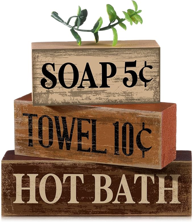 Moucuny 4 Pcs Bathroom Shelf Decor Sign Farmhouse Bathroom Decor and Accessories Rustic Eucalyptus Leaves Wood Block Sign Gifts Farmhouse Table Centerpiece for Hotel Country Campsite Washroom Toilet by Moucuny
