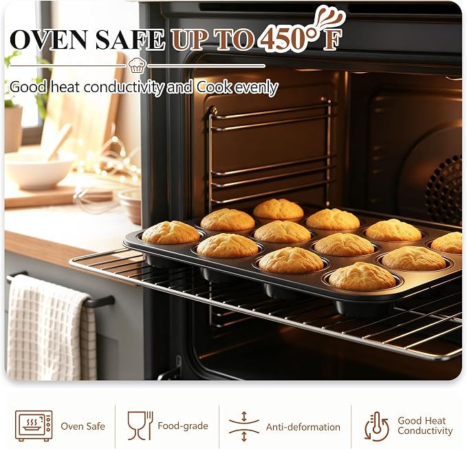 E-far 12-Cup Muffin Pan Tin, Nonstick Carbon Steel Cupcake Pan Tray | Metal Bakeware Muffin Baking Tins for Oven, Standard Size, Ideal for Muffins, Cake Tart, Brownies, Easy Clean & Non-toxic - Image 5