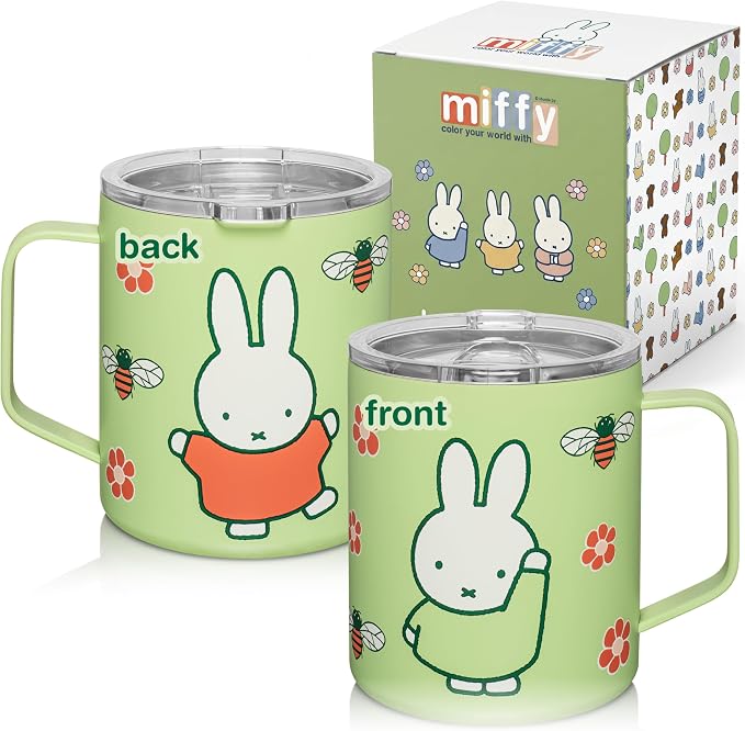 Dragon Glassware | Miffy Stainless Steel Camp Mug with Lid, 12 oz - Green | Nijntje Insulated Camping Mug For Coffee, Tea, Matcha & Hot Beverages; Miffy Mug with Lid by DragonGlassware