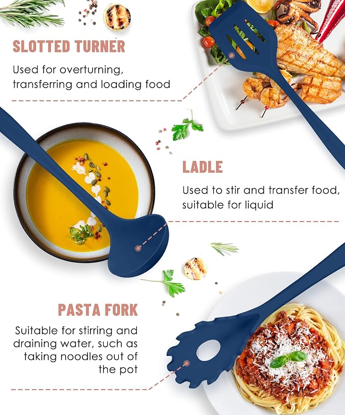 Blue Kitchen Utensils Set-12 Pieces Silicone Cooking Utensils Set | Dishwasher Safe 392°F Heat Resistant Spatula Set Kitchen Utensil Set for Nonstick Cookware,Best Kitchen Tools with Holder - Image 6