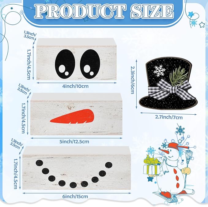 Moucuny 4 Pcs Winter Table Decoration Wooden Snowman Decor Black and White Winter Tiered Tray Decor Rustic Snowman Face Wood Block Sign Gift Christmas Centerpiece Farmhouse for Wonderland Home - Image 3