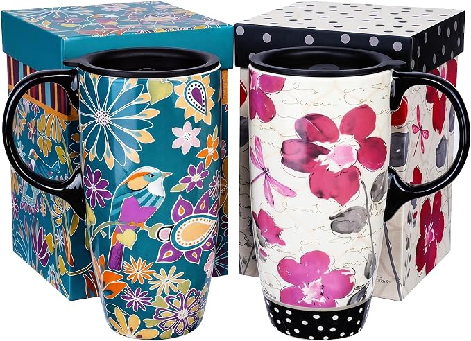 Topadorn Set of 2 Ceramic Travel Mugs, 17oz Floral Coffee Mug Set with Lids | Nature-Inspired Floral & Bird Artwork • Comfortable Handles • Microwave & Dishwasher Safe • Gift Boxes Included by Topadorn