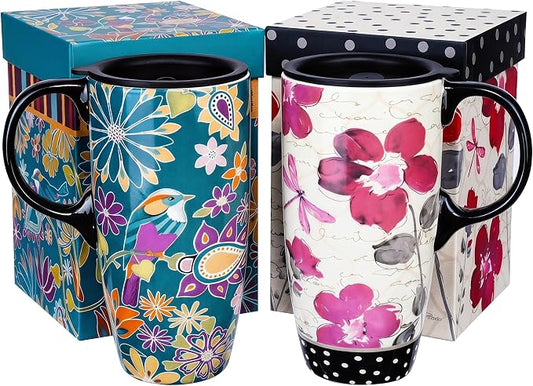 Topadorn Set of 2 Ceramic Travel Mugs, 17oz Floral Coffee Mug Set with Lids | Nature-Inspired Floral & Bird Artwork • Comfortable Handles • Microwave & Dishwasher Safe • Gift Boxes Included by Topadorn