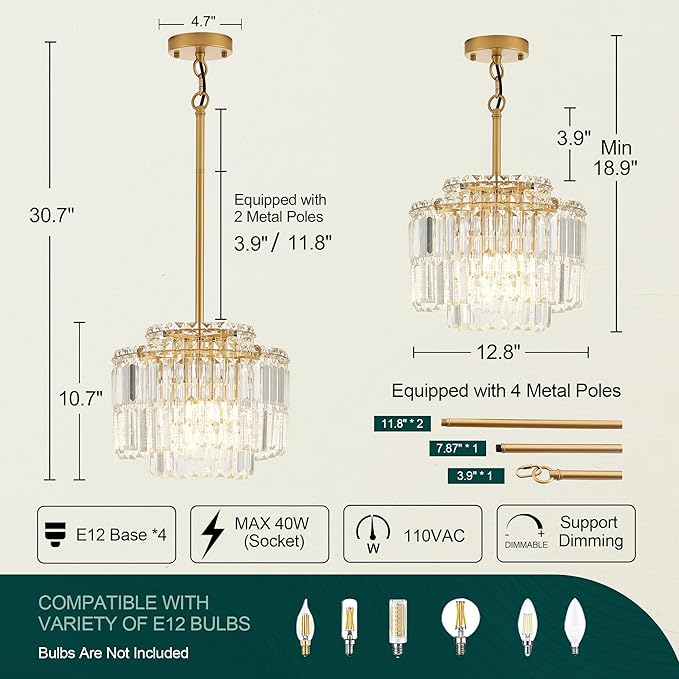 Modern 12.8“ Gold Crystal Chandelier Ceiling Light Fixtures for Dining Room Luxury Glam 4-Light Crystal Chandeliers Lighting for Bedroom Entryway Hallway Living Room Kitchen Island Foyer - Image 2