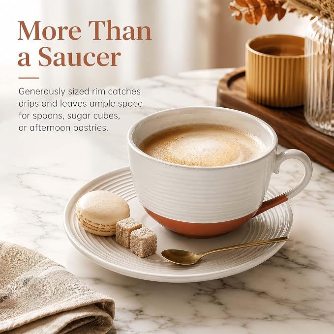 12 Oz Cappuccino Cups with Saucers, Coffee Cups Set of 4, Ceramic Tea Cup and Saucers, Wide Mouth Coffee Mugs for Latte Art, Cappuccino, Espresso & Cafe Drinks, Microwave Dishwasher Safe - Image 5